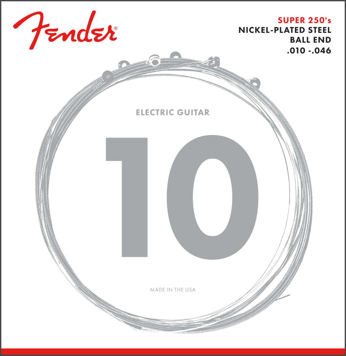 Fender Super 250 Guitar Strings, Nickel Plated Steel, Ball End, 250R Gauges .010-.046, (6)