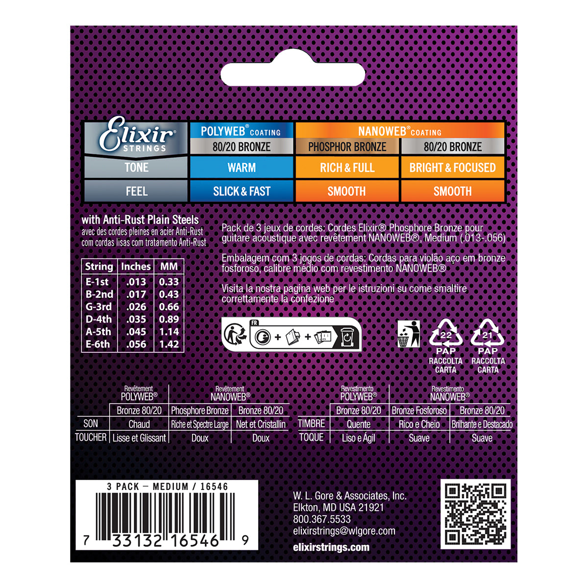 Elixir 16570 Nanoweb Phosphor Bronze 13-56 3 Pack Medium