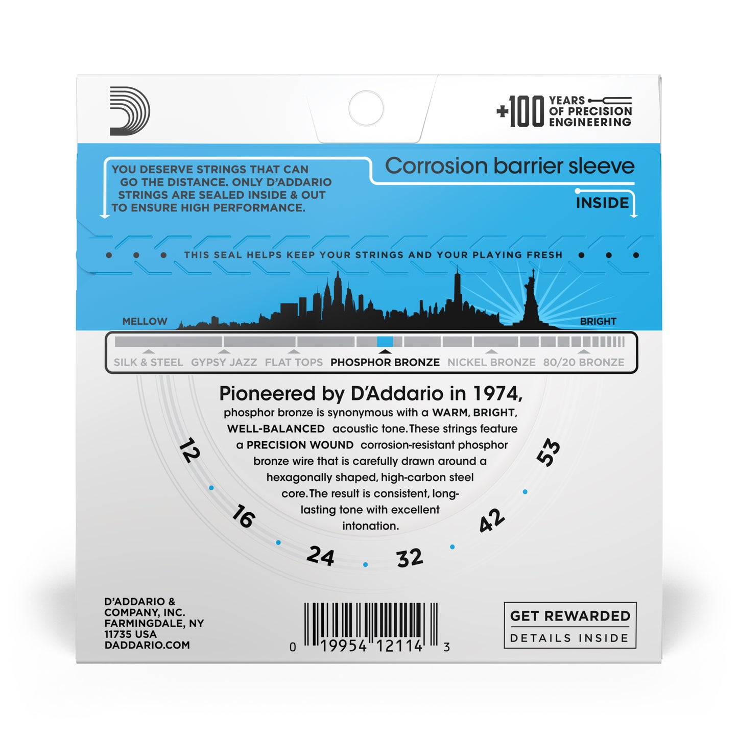 DAddario EJ16 Phosphor Bronze Acoustic Guitar Strings, Light, 12-53
