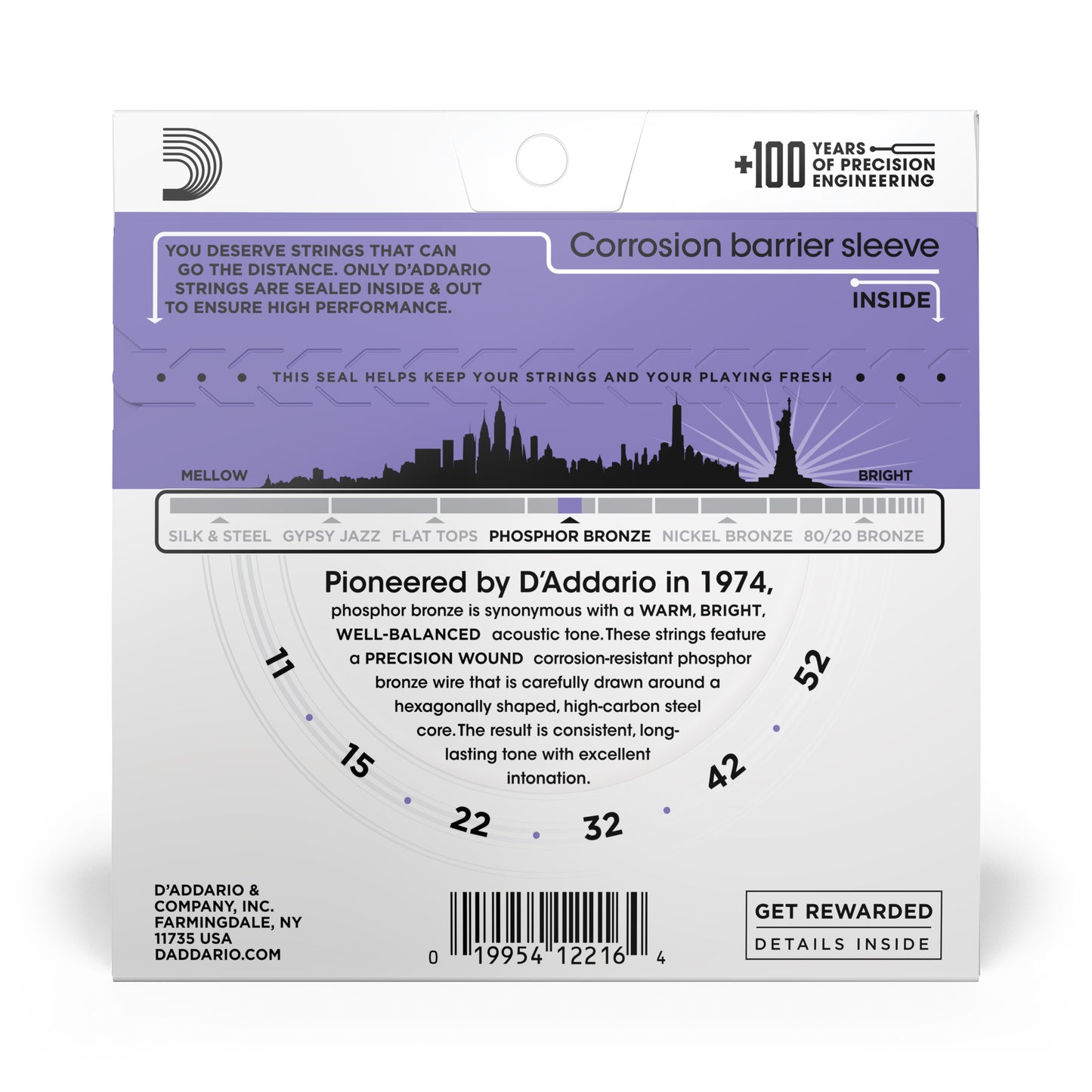 DAddario EJ26 Phosphor Bronze Acoustic Guitar Strings, Custom Light, 11-52