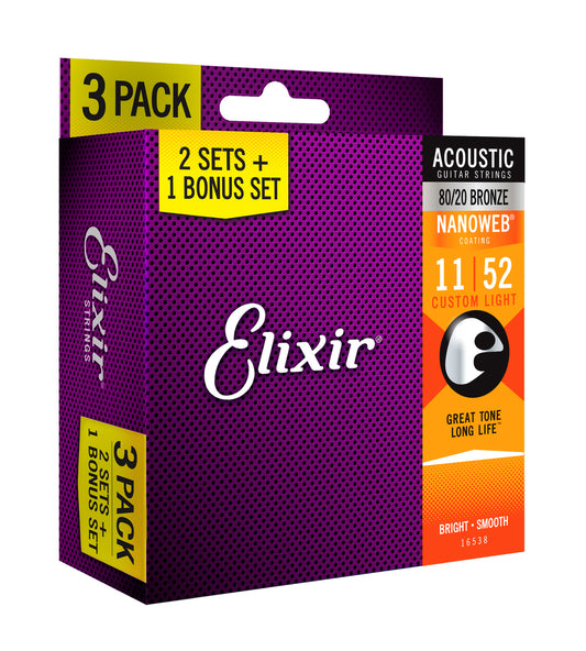 Elixir 16538 Nanoweb 80/20  11-52 3 Pack Custom Light