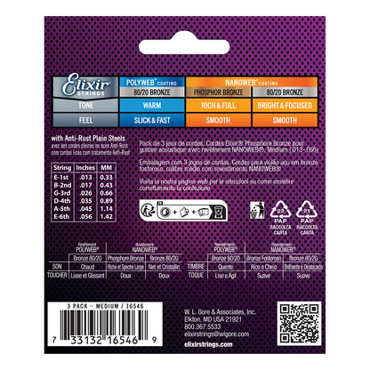 Elixir 16570 Nanoweb Phosphor Bronze 13-56 3 Pack Medium