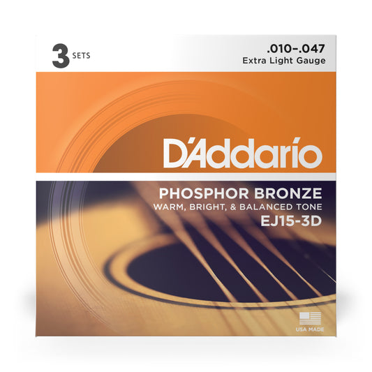 D'Addario - EJ15-3D - 3 Pack Phosphor Bronze Extra Light 10-47 - Acoustic Guitar Strings