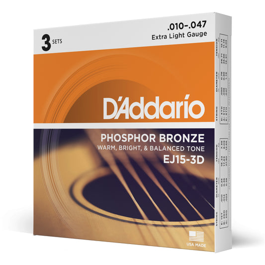 D'Addario - EJ15-3D - 3 Pack Phosphor Bronze Extra Light 10-47 - Acoustic Guitar Strings