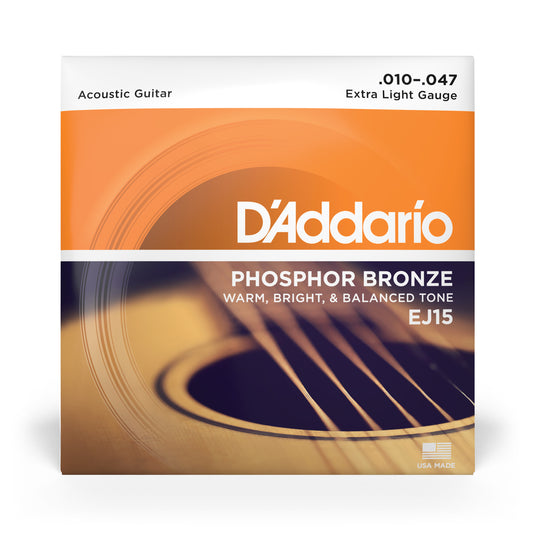DAddario EJ15 Phosphor Bronze Acoustic Guitar Strings, Extra Light, 10-47