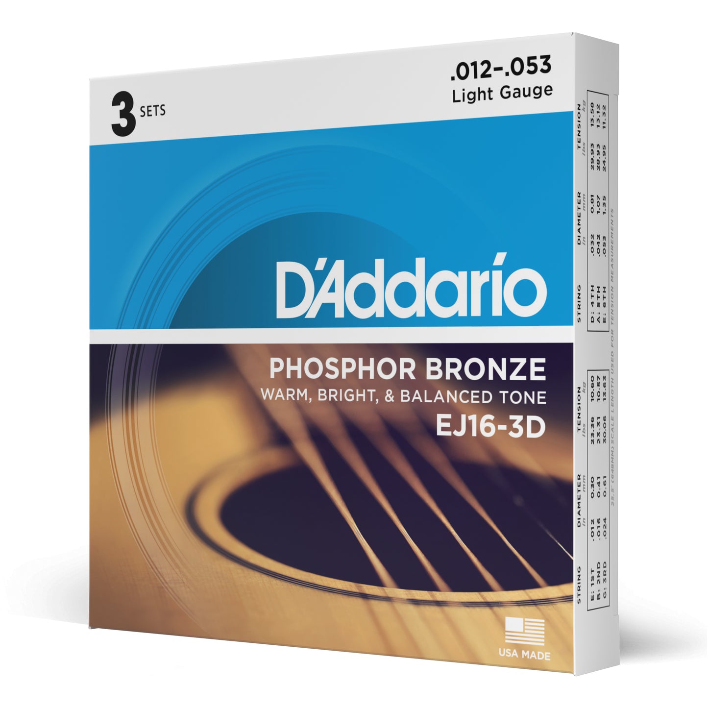 D'Addario EJ16-3D Phosphor Bronze 12-53 - 3 Pack