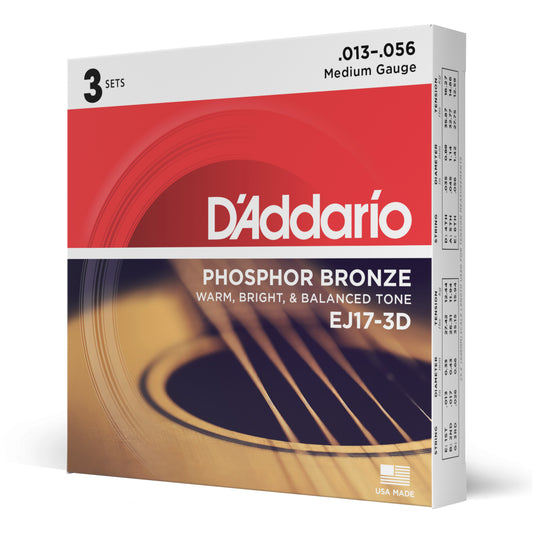 D'Addario - EJ17-3D - 3 Pack Phosphor Bronze Medium 13-56 - Acoustic Guitar Strings