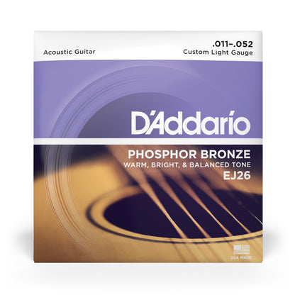 DAddario EJ26 Phosphor Bronze Acoustic Guitar Strings, Custom Light, 11-52
