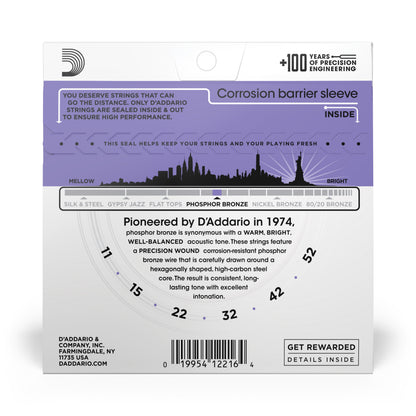 DAddario EJ26 Phosphor Bronze Acoustic Guitar Strings, Custom Light, 11-52