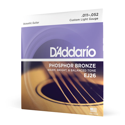 DAddario EJ26 Phosphor Bronze Acoustic Guitar Strings, Custom Light, 11-52