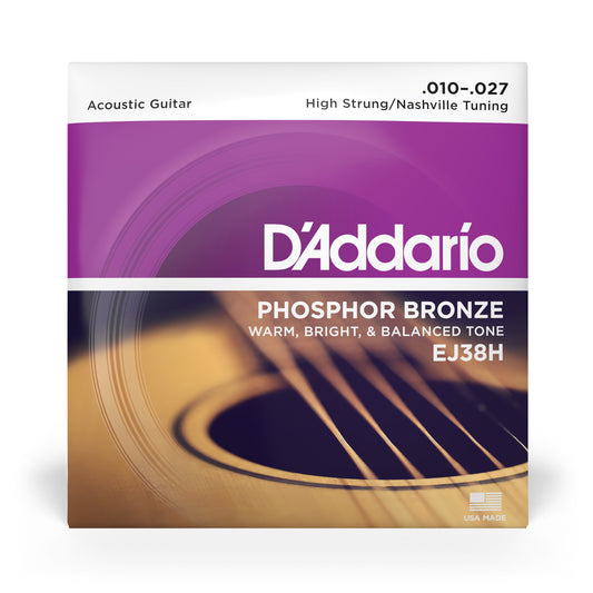 DAddario EJ38H Phosphor Bronze Acoustic Guitar Strings, High Strung/Nashville Tuning, 10-27