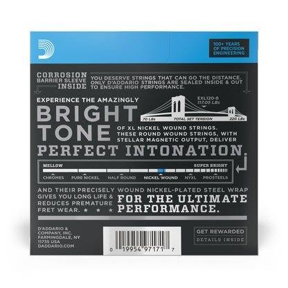 DAddario EXL120-8 8-String Nickel Wound Electric Guitar Strings, Super Light, 09-65