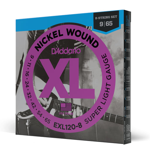 DAddario EXL120-8 8-String Nickel Wound Electric Guitar Strings, Super Light, 09-65