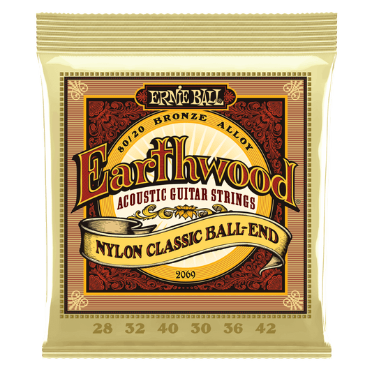Ernie Ball Earthwood Folk Nylon, Clear & Gold Ball End, 80/20 Bronze Acoustic Guitar Strings - 28-42 Gauge